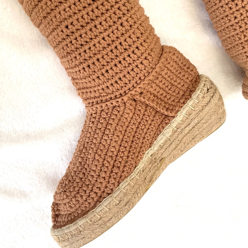 LIVS Crochet Knee High Espadrille Boots Tan Lace Up Boho Cottagecore Size 7 - Picture 6 of 15